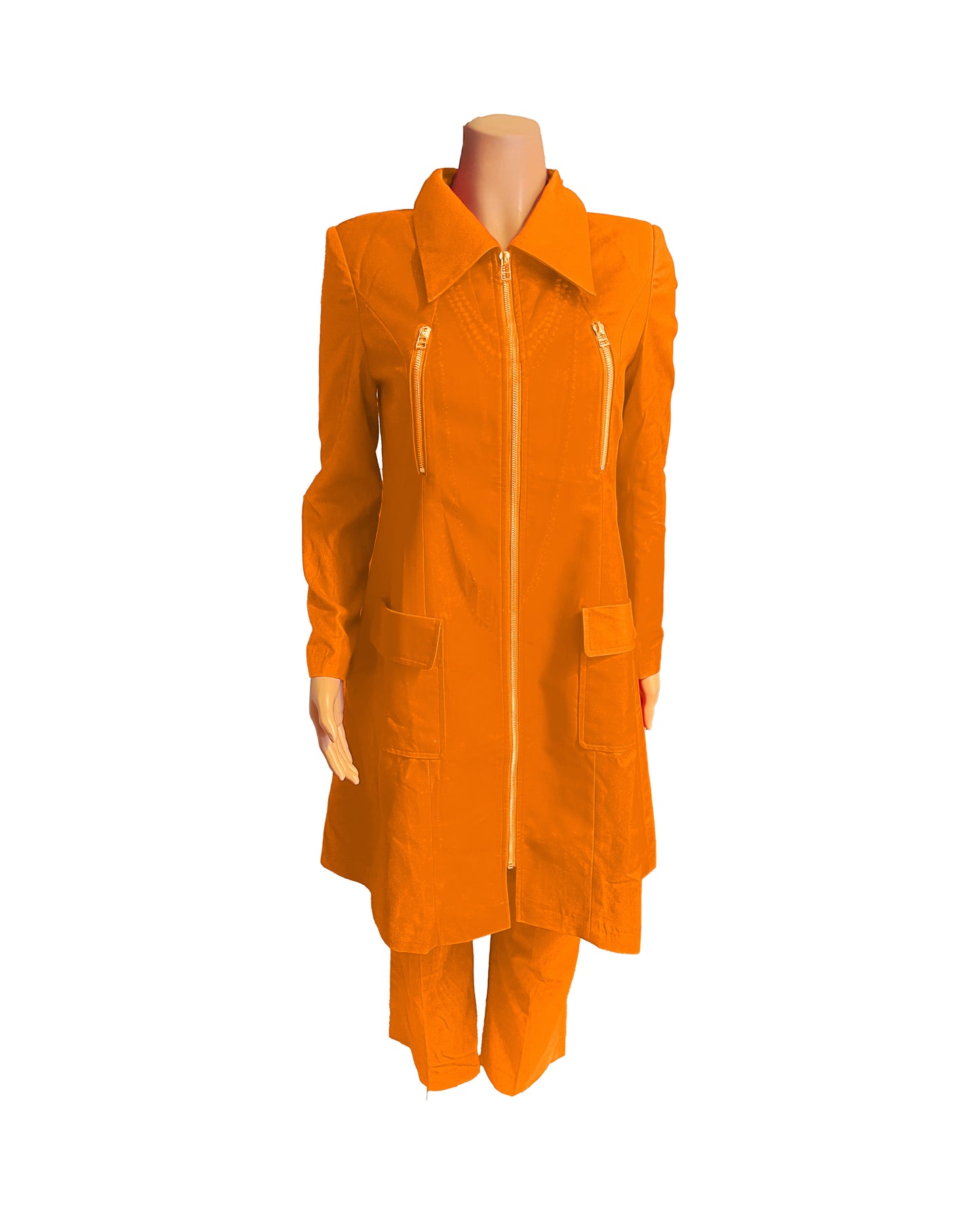 Whole body front view of the Rashidah three-piece pumpkin spice garment on a mannequin, designed for Muslim sisters in the Nation of Islam who value women's modest clothing.