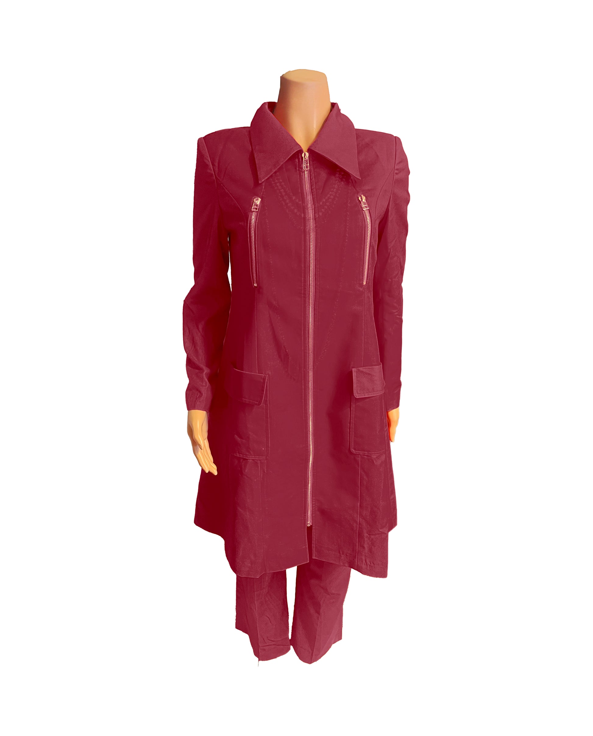 Whole body front view of the Rashidah three-piece radiant ruby garment on a mannequin, designed for Muslim sisters in the Nation of Islam who value women's modest clothing.