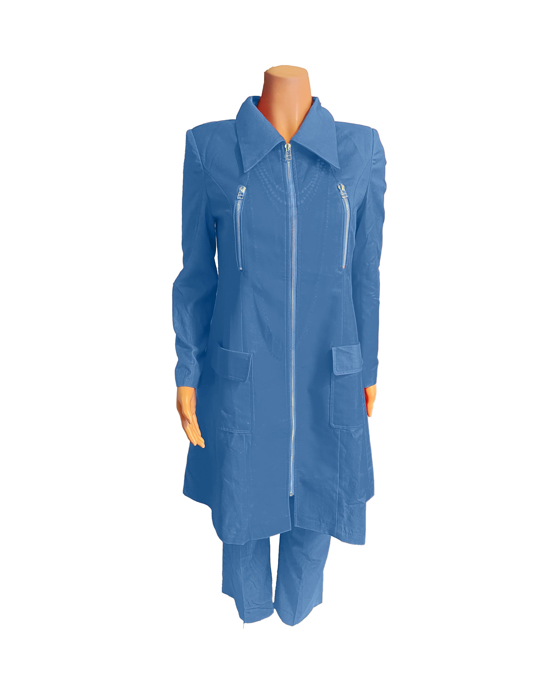 Whole body front view of the Rashidah three-piece steel blue garment on a mannequin, designed for Muslim sisters in the Nation of Islam who value women's modest clothing.