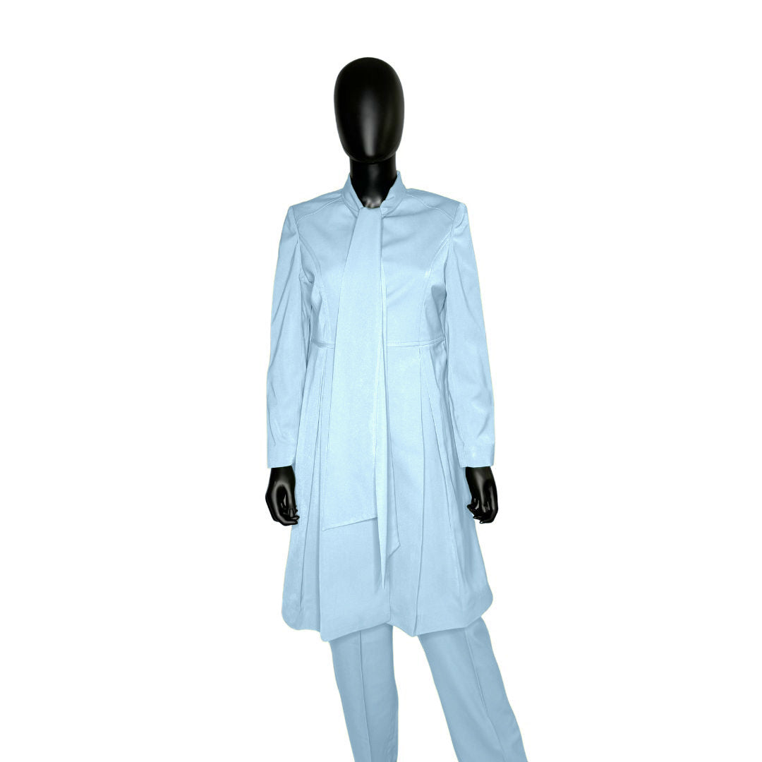 Whole body front view of the Sadiyah Bow three-piece baby blue garment on a mannequin, designed for Muslim sisters in the Nation of Islam who value women's modest clothing.