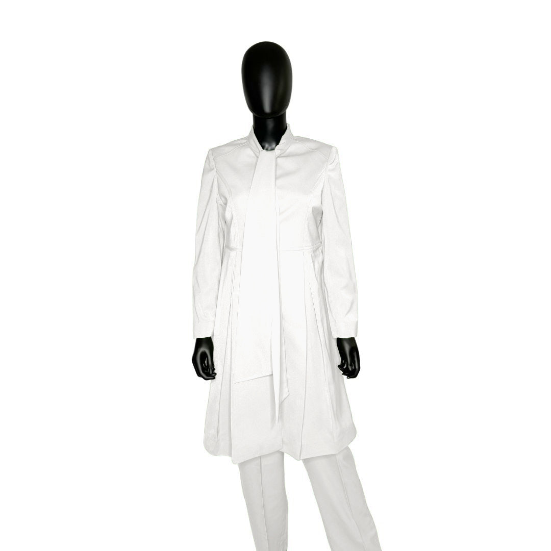 Whole body front view of the Sadiyah Bow three-piece brilliant white garment on a mannequin, designed for Muslim sisters in the Nation of Islam who value women's modest clothing.