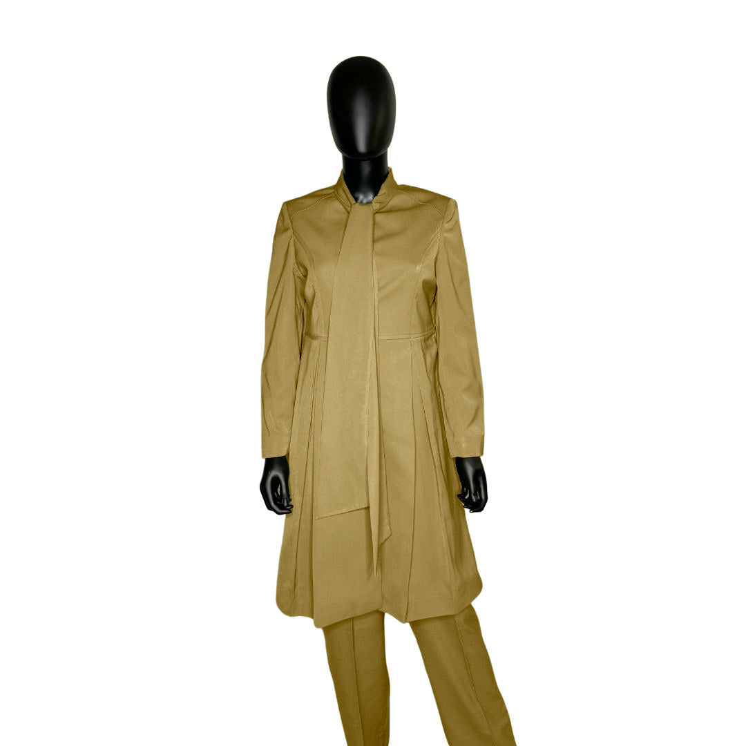 Whole body front view of the Sadiyah Bow three-piece brush garment on a mannequin, designed for Muslim sisters in the Nation of Islam who value women's modest clothing.