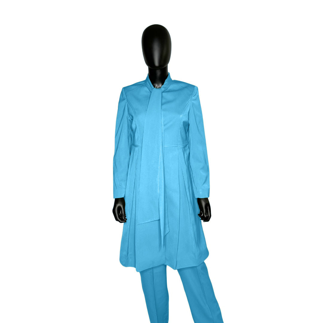 Whole body front view of the Sadiyah Bow three-piece cerulean wave garment on a mannequin, designed for Muslim sisters in the Nation of Islam who value women's modest clothing.