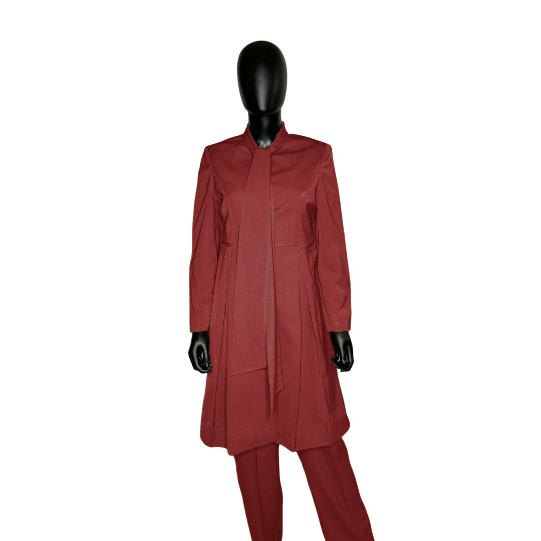 Whole body front view of the Sadiyah Bow three-piece crimson embrace garment on a mannequin, designed for Muslim sisters in the Nation of Islam who value women's modest clothing.