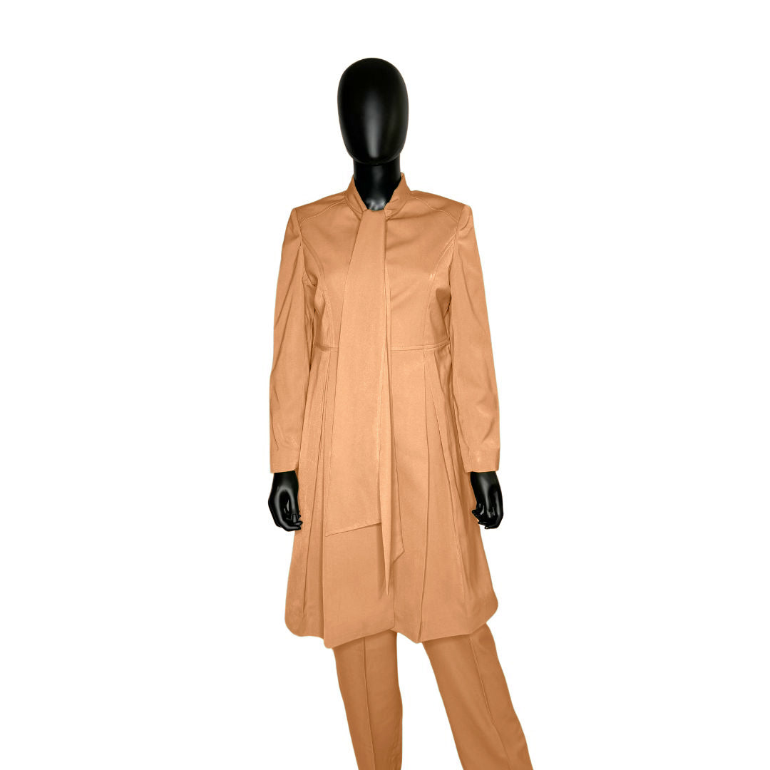 Whole body front view of the Sadiyah Bow three-piece desert peach garment on a mannequin, designed for Muslim sisters in the Nation of Islam who value women's modest clothing.