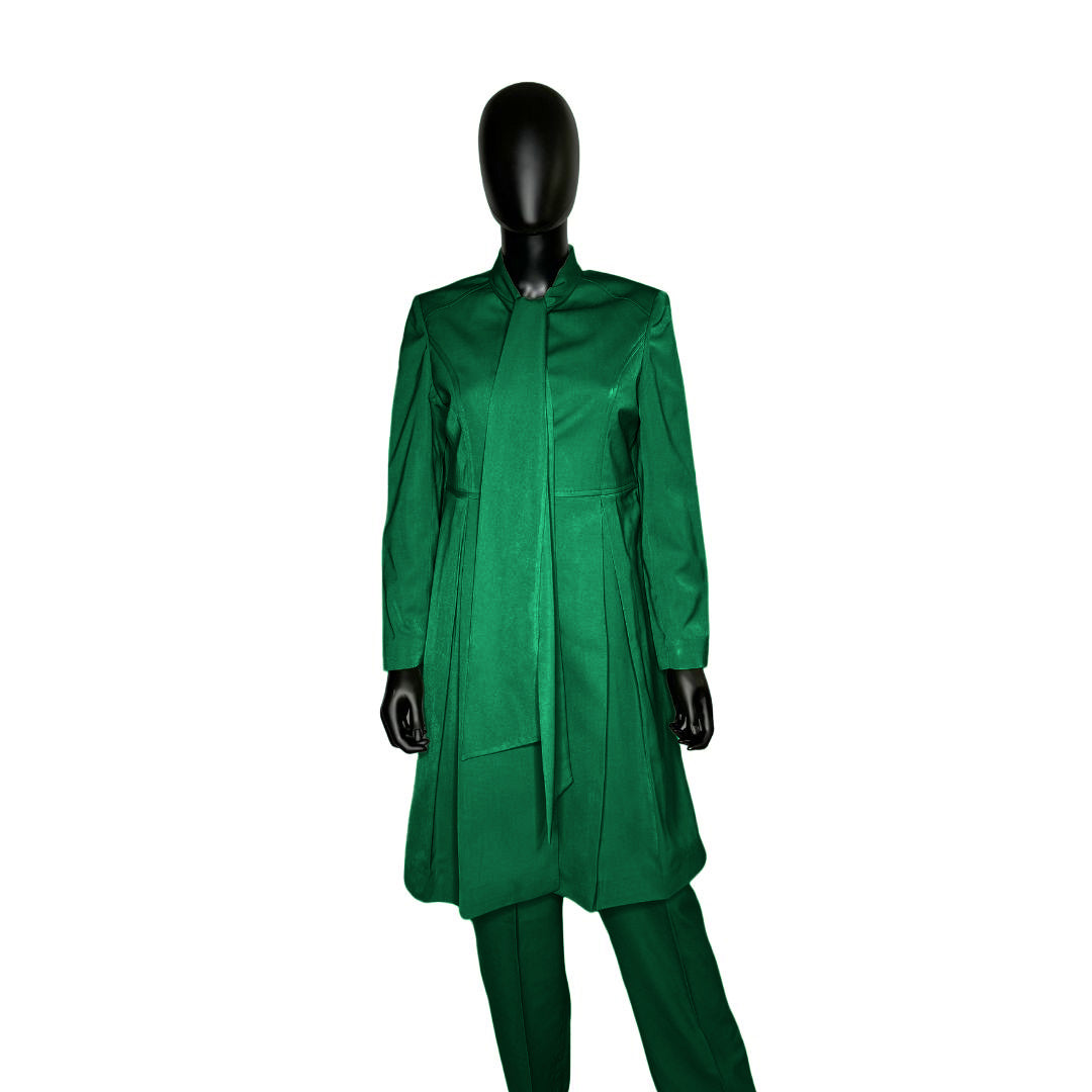 Whole body front view of the Sadiyah Bow three-piece emerald green garment on a mannequin, designed for Muslim sisters in the Nation of Islam who value women's modest clothing.