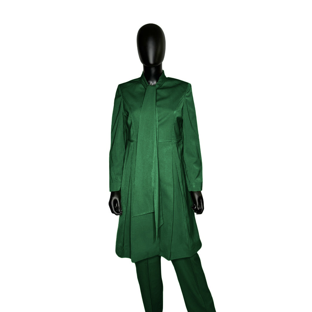 Whole body front view of the Sadiyah Bow three-piece evergreen essence garment on a mannequin, designed for Muslim sisters in the Nation of Islam who value women's modest clothing.