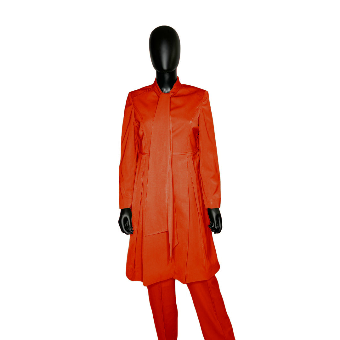 Whole body front view of the Sadiyah Bow three-piece fiery coral garment on a mannequin, designed for Muslim sisters in the Nation of Islam who value women's modest clothing.