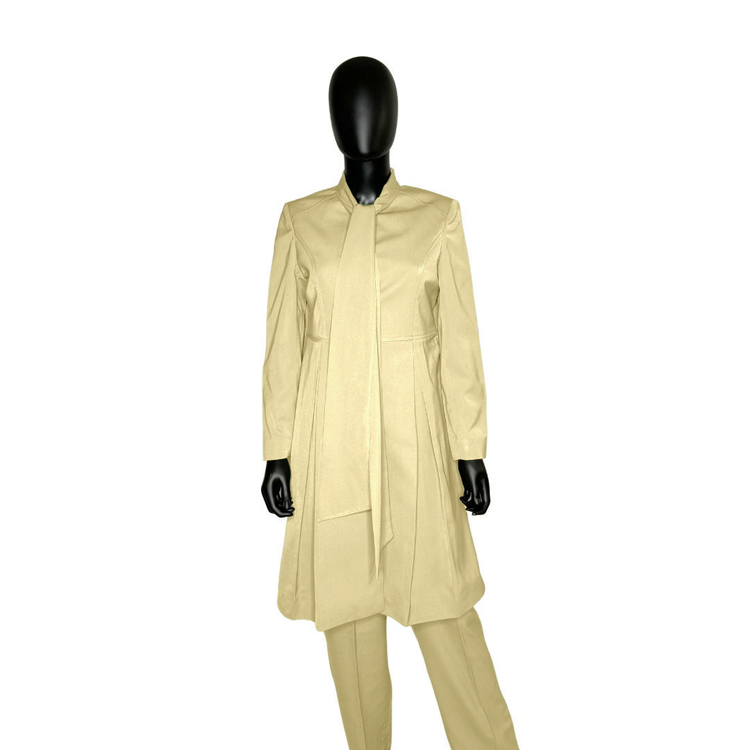 Whole body front view of the Sadiyah Bow three-piece golden sand garment on a mannequin, designed for Muslim sisters in the Nation of Islam who value women's modest clothing.