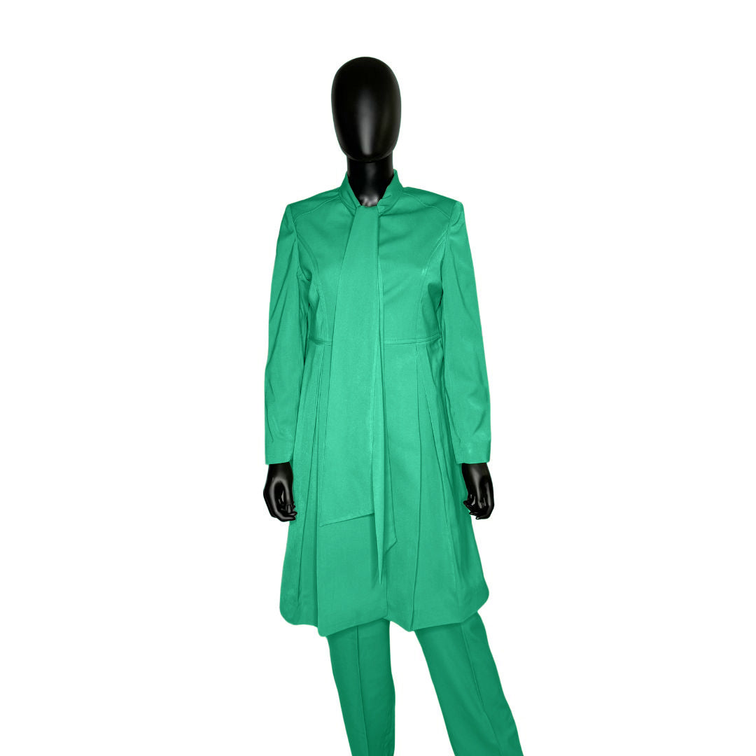 Whole body front view of the Sadiyah Bow three-piece jade glow garment on a mannequin, designed for Muslim sisters in the Nation of Islam who value women's modest clothing.