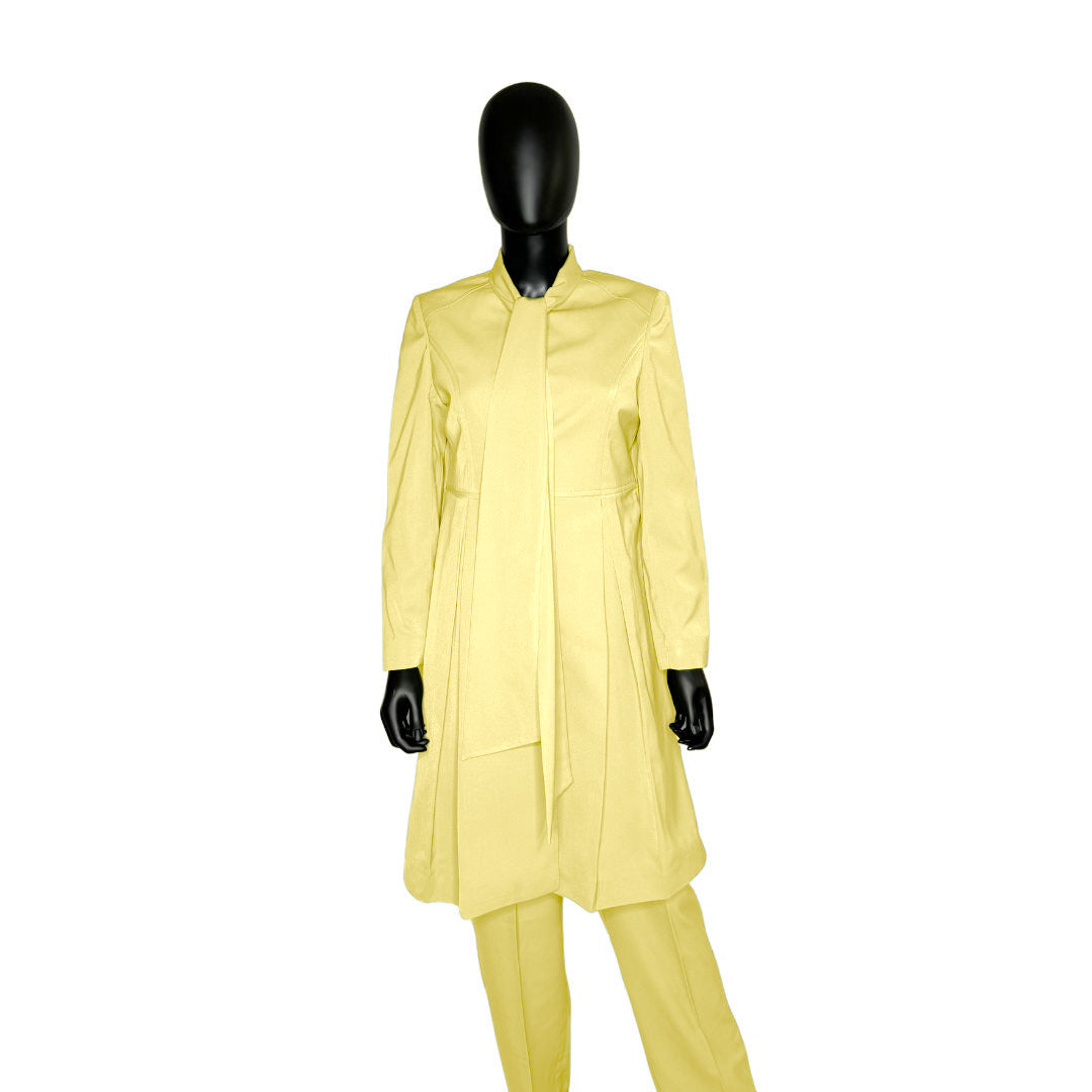 Whole body front view of the Sadiyah Bow three-piece lemon zest garment on a mannequin, designed for Muslim sisters in the Nation of Islam who value women's modest clothing.