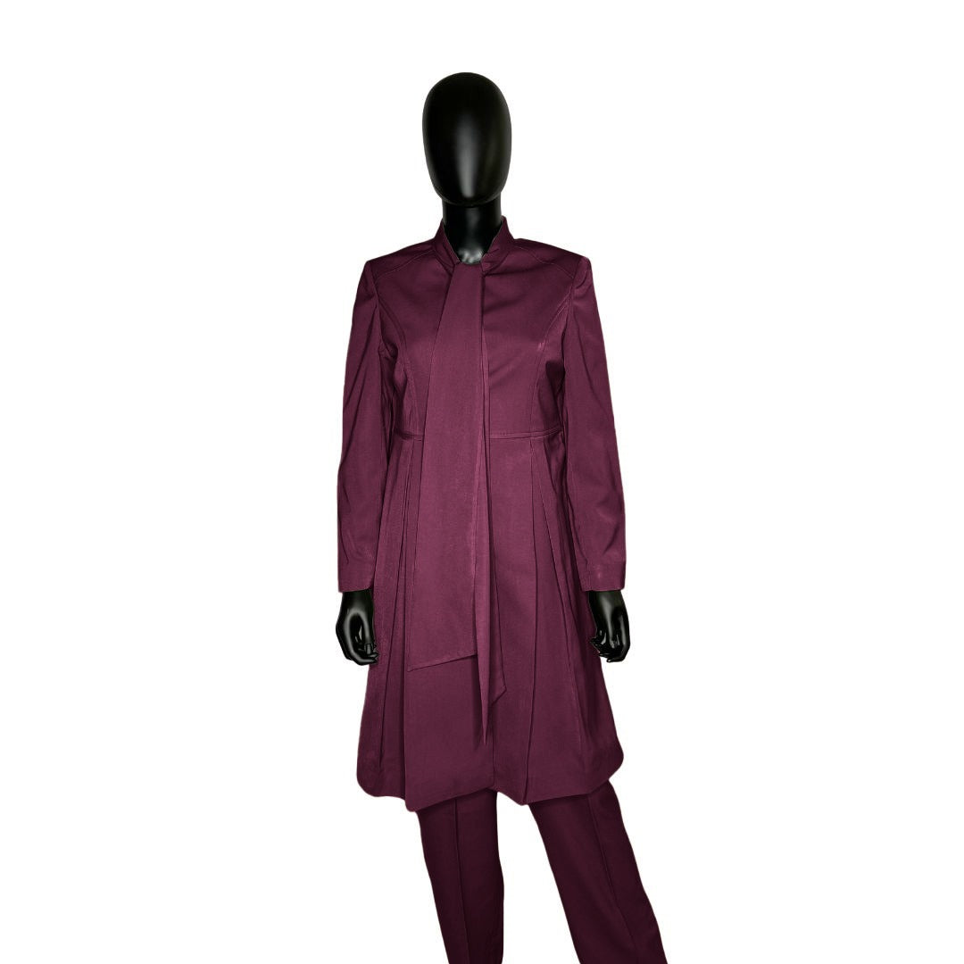 Whole body front view of the Sadiyah Bow three-piece mystic berry garment on a mannequin, designed for Muslim sisters in the Nation of Islam who value women's modest clothing.