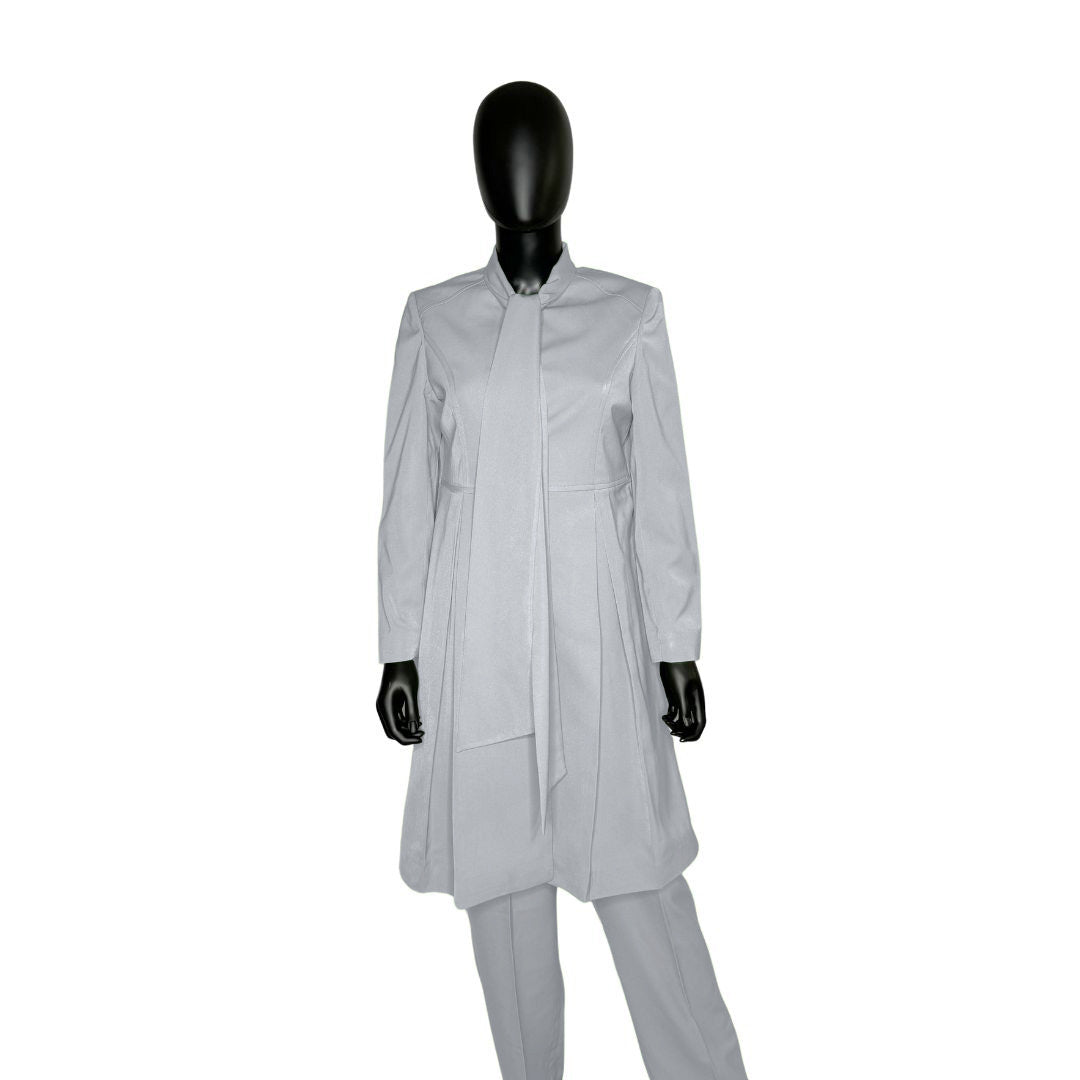 Whole body front view of the Sadiyah Bow three-piece northern droplet garment on a mannequin, designed for Muslim sisters in the Nation of Islam who value women's modest clothing.