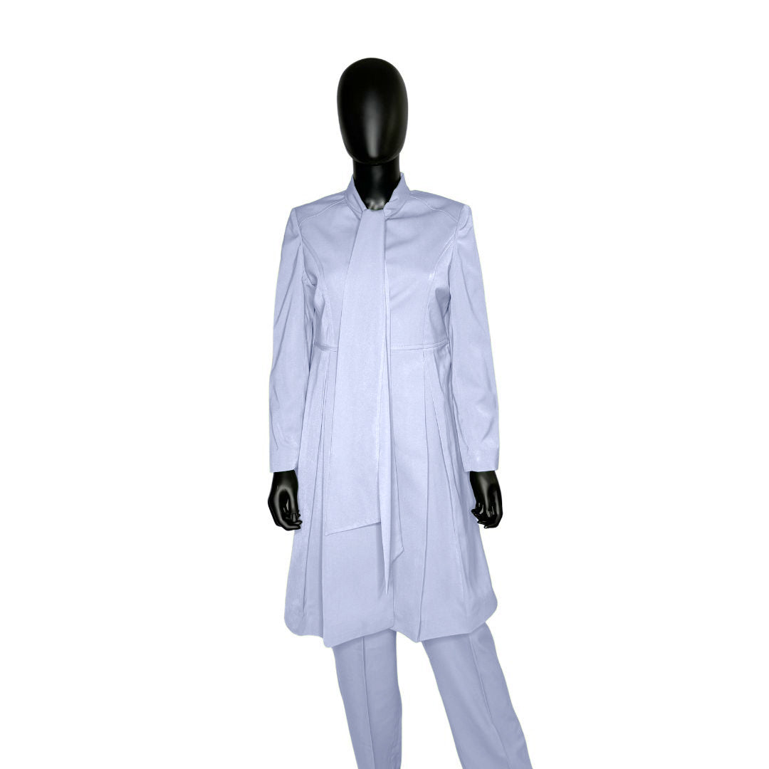 Whole body front view of the Sadiyah Bow three-piece pale periwinkle garment on a mannequin, designed for Muslim sisters in the Nation of Islam who value women's modest clothing.