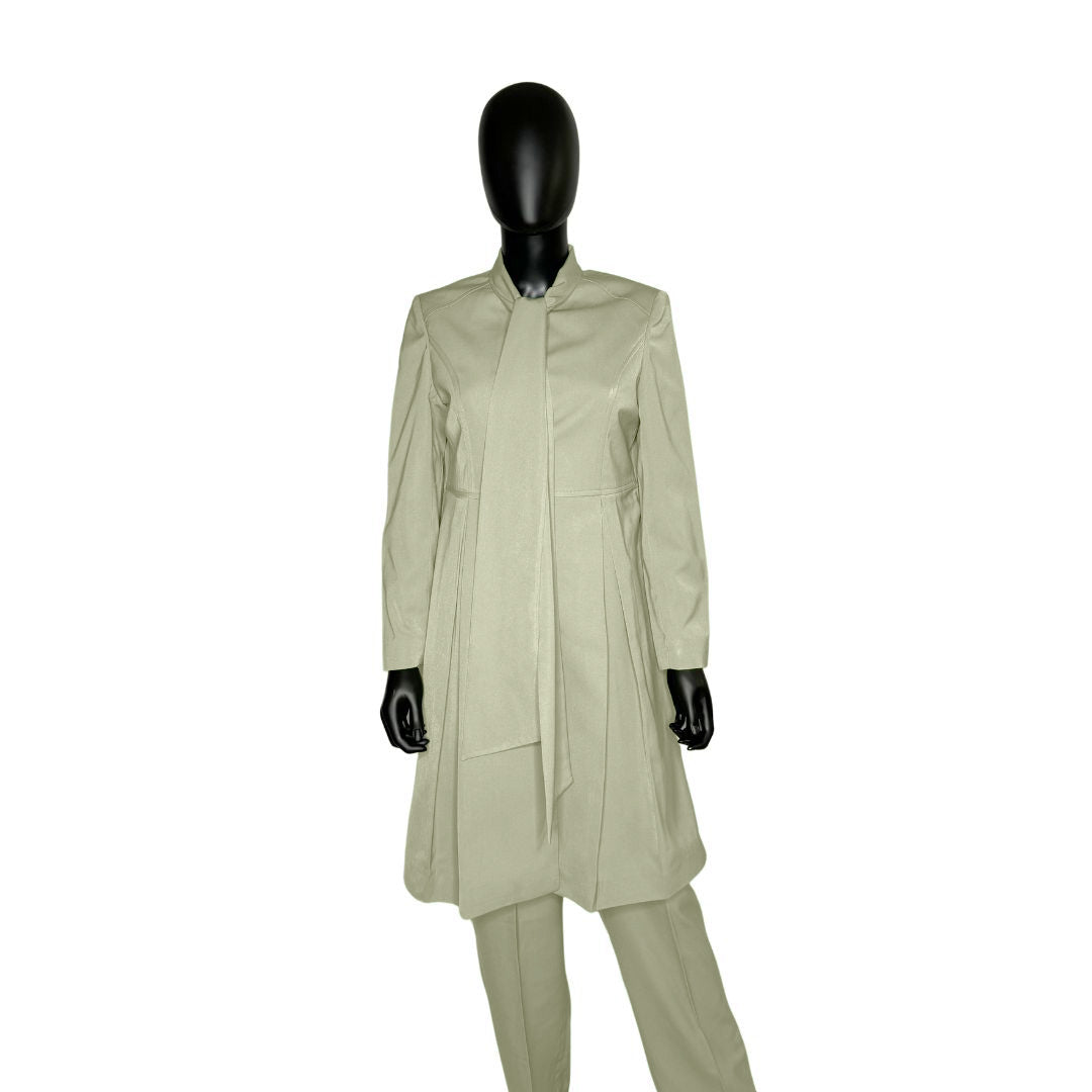 Whole body front view of the Sadiyah Bow three-piece pearl whisper garment on a mannequin, designed for Muslim sisters in the Nation of Islam who value women's modest clothing.