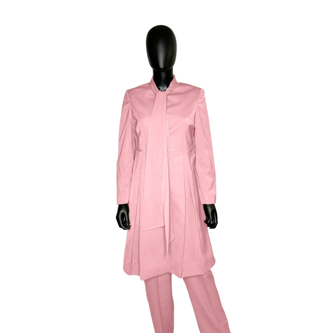 Whole body front view of the Sadiyah Bow three-piece rosewater glow garment on a mannequin, designed for Muslim sisters in the Nation of Islam who value women's modest clothing.