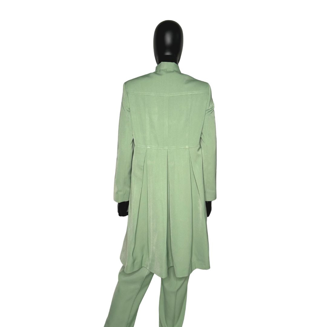 Whole body back view of the Sadiyah Bow three-piece sage green garment on a mannequin, designed for Muslim sisters in the Nation of Islam who value women's modest clothing.