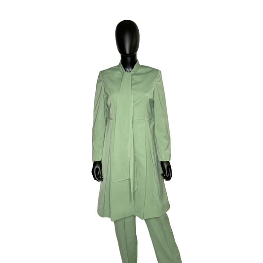 Whole body front view of the Sadiyah Bow three-piece sage green garment on a mannequin, designed for Muslim sisters in the Nation of Islam who value women's modest clothing.