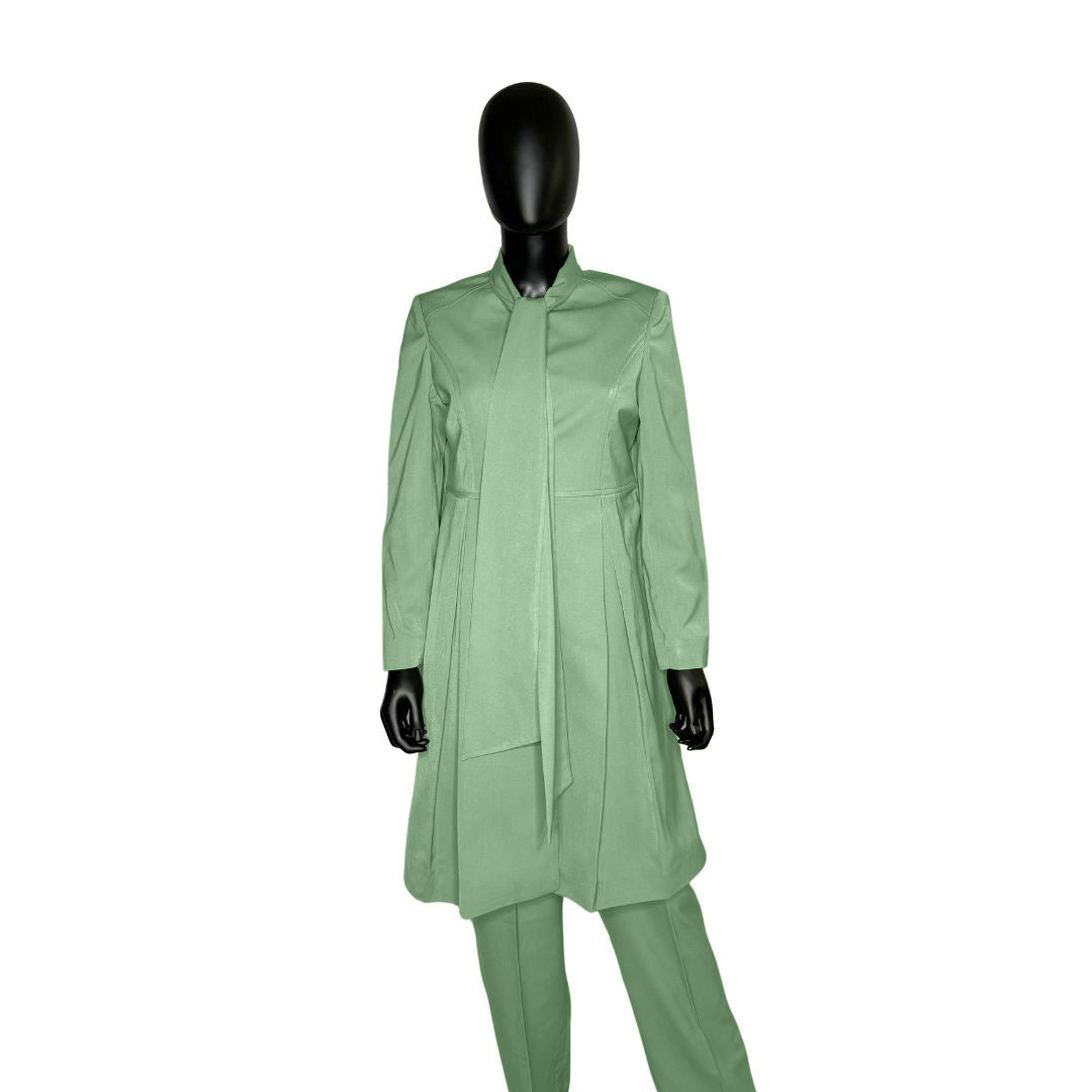 Whole body front view of the Sadiyah Bow three-piece sage serenity garment on a mannequin, designed for Muslim sisters in the Nation of Islam who value women's modest clothing.