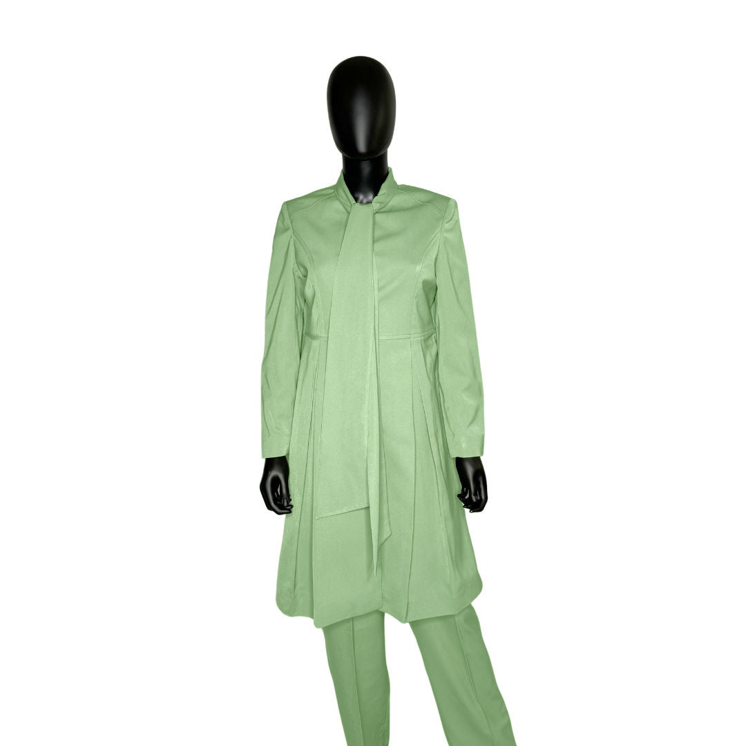 Whole body front view of the Sadiyah Bow three-piece sage whisper garment on a mannequin, designed for Muslim sisters in the Nation of Islam who value women's modest clothing.