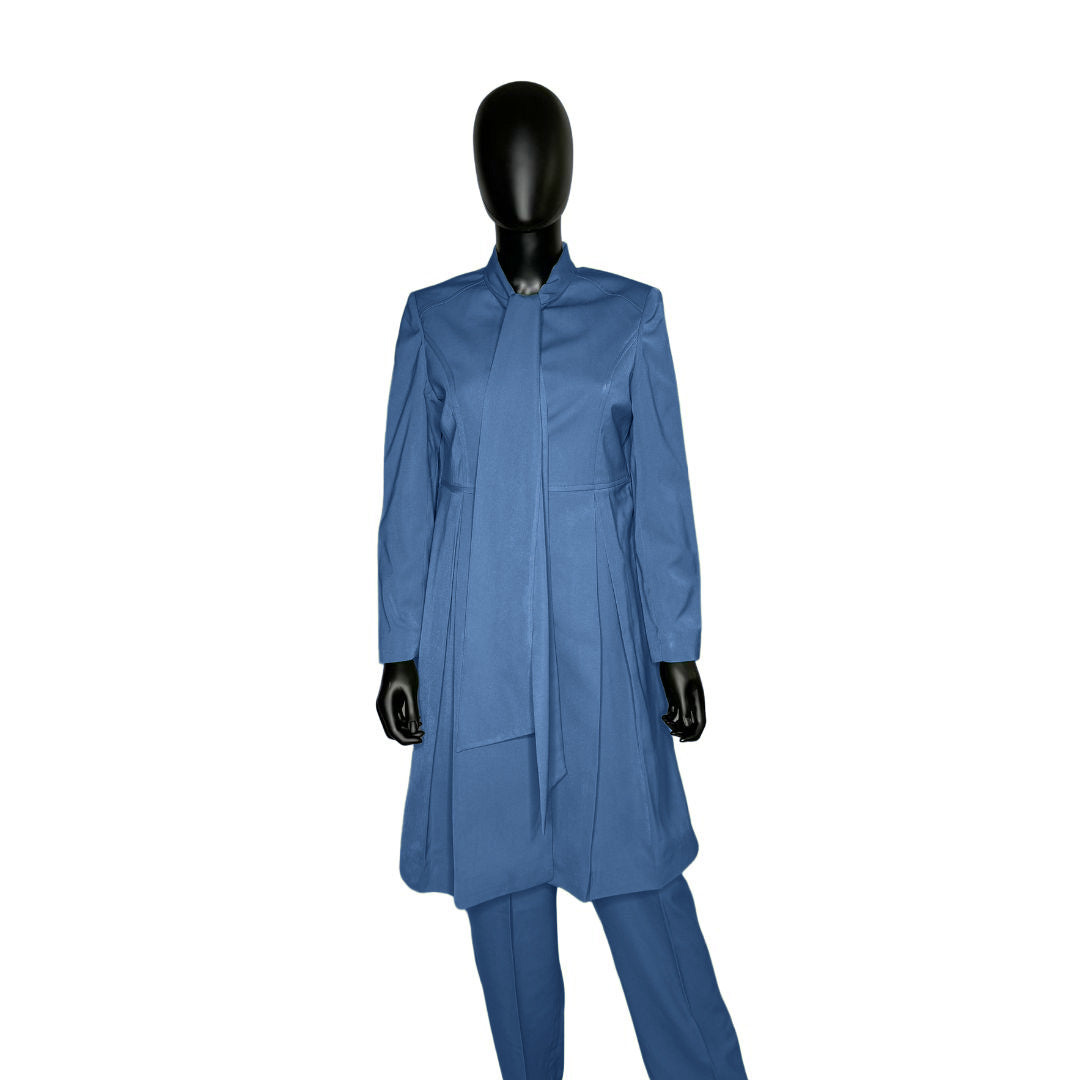 Whole body front view of the Sadiyah Bow three-piece steel blue garment on a mannequin, designed for Muslim sisters in the Nation of Islam who value women's modest clothing.