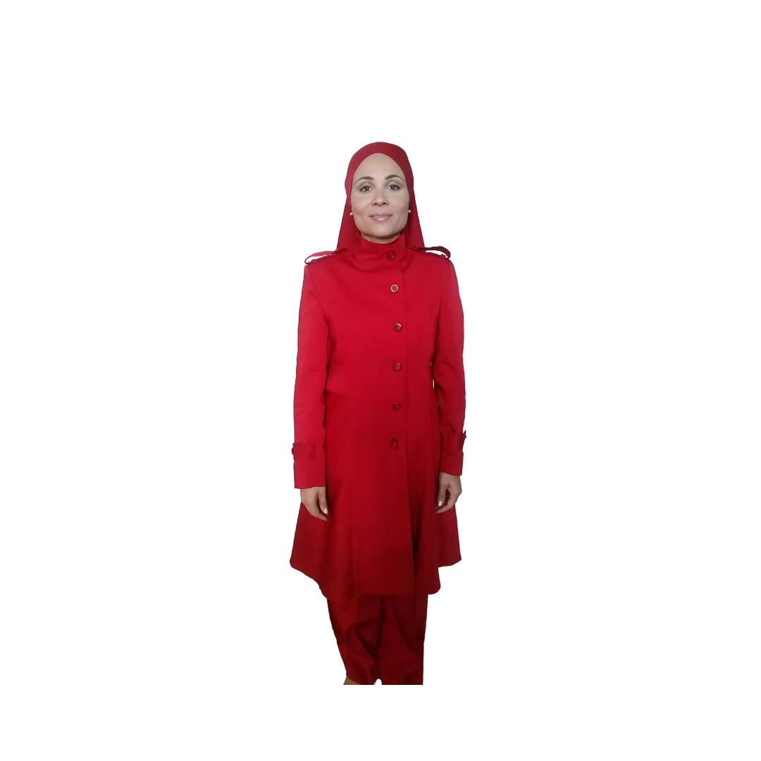 Upper-body view of Sadiyah modeling the Lailah three-piece red garment, designed for Muslim sisters in the Nation of Islam who value women's modest clothing.