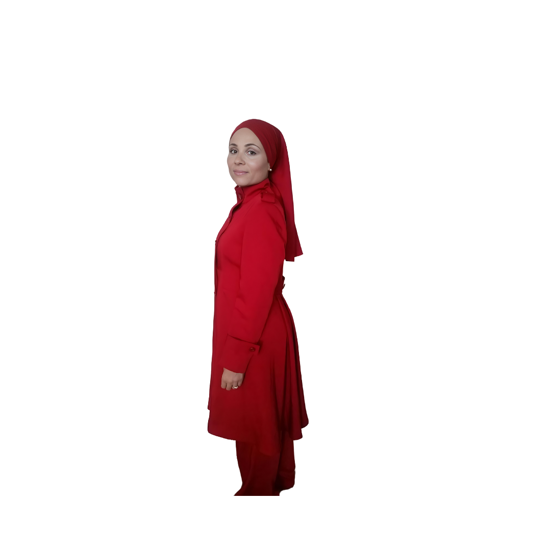 Upper-body view of Sadiyah modeling the Lailah three-piece red garment from a side angle designed for Muslim sisters in the Nation of Islam who value women's modest clothing.