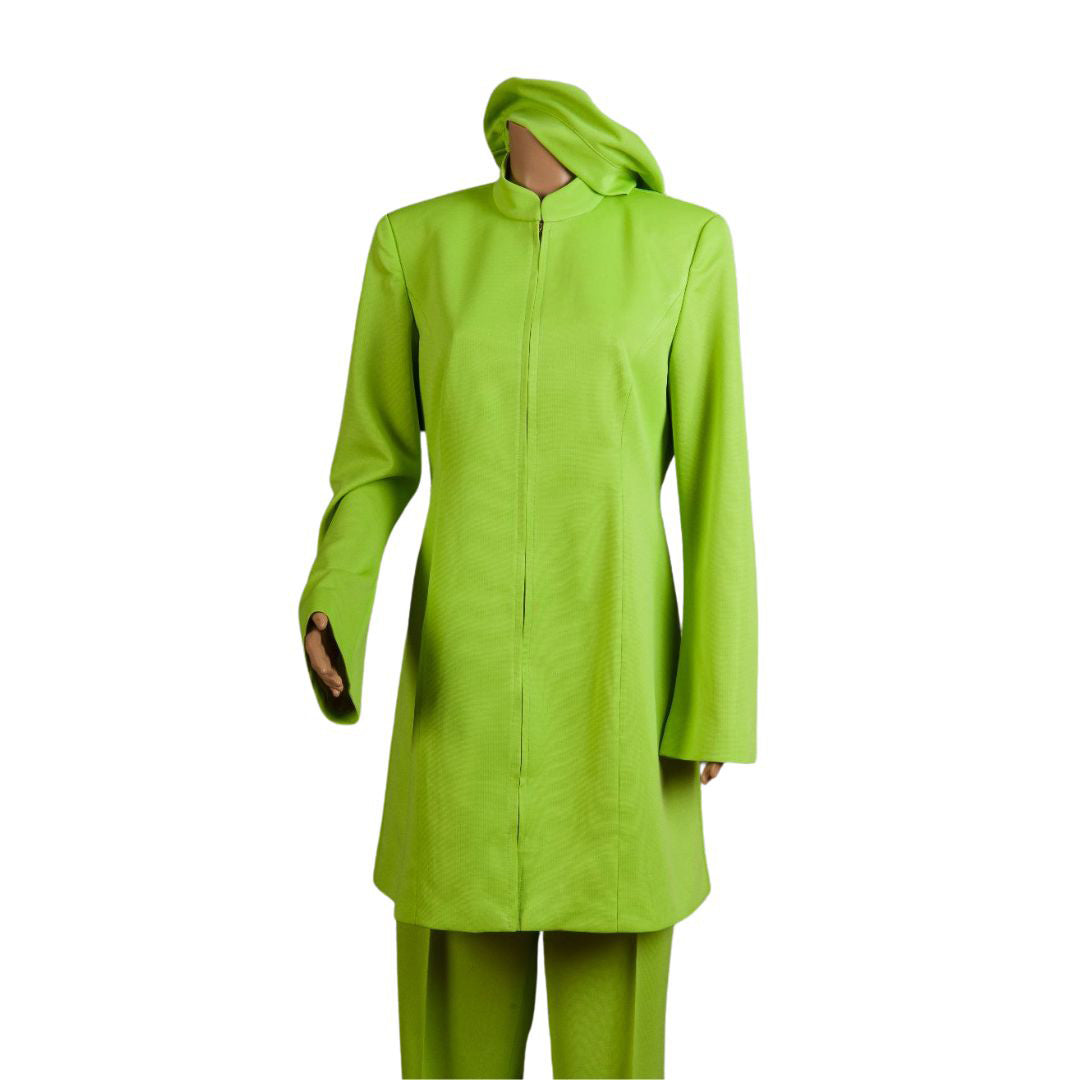 Whole body front view of the Sleek three-piece apple green 2 garment on a mannequin, designed for Muslim sisters in the Nation of Islam who value women's modest clothing.