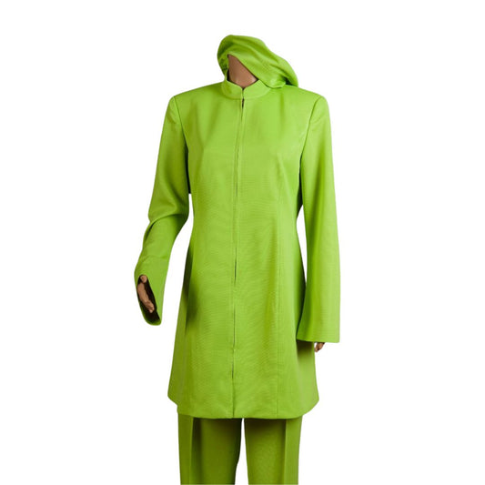 Whole body front view of the Sleek three-piece apple green garment on a mannequin, designed for Muslim sisters in the Nation of Islam who value women's modest clothing.