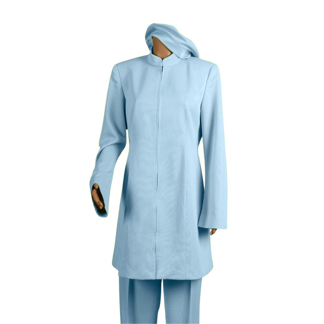 Whole body front view of the Sleek three-piece baby blue garment on a mannequin, designed for Muslim sisters in the Nation of Islam who value women's modest clothing.