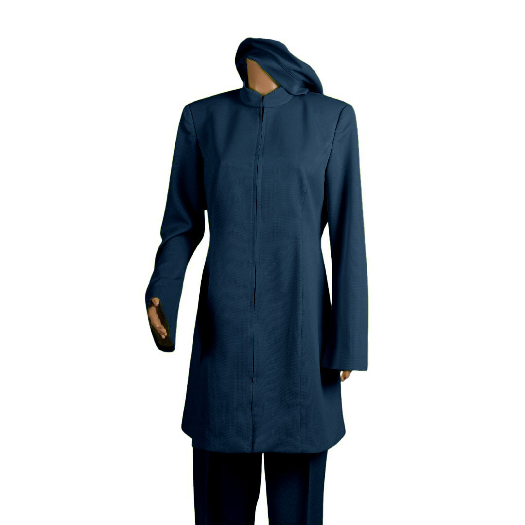 Whole body front view of the Sleek three-piece blue onyx garment on a mannequin, designed for Muslim sisters in the Nation of Islam who value women's modest clothing.