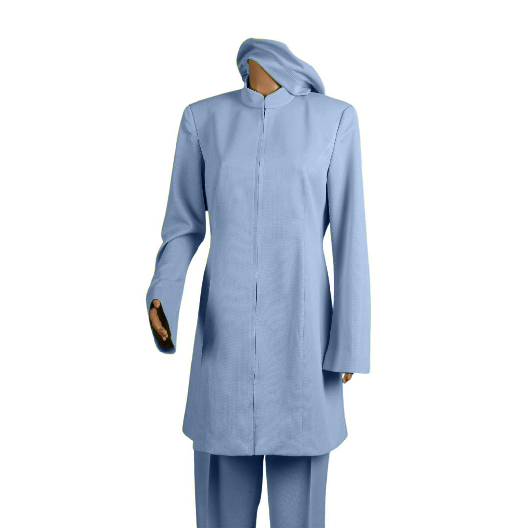 Whole body front view of the Sleek three-piece chambray blue garment on a mannequin, designed for Muslim sisters in the Nation of Islam who value women's modest clothing.