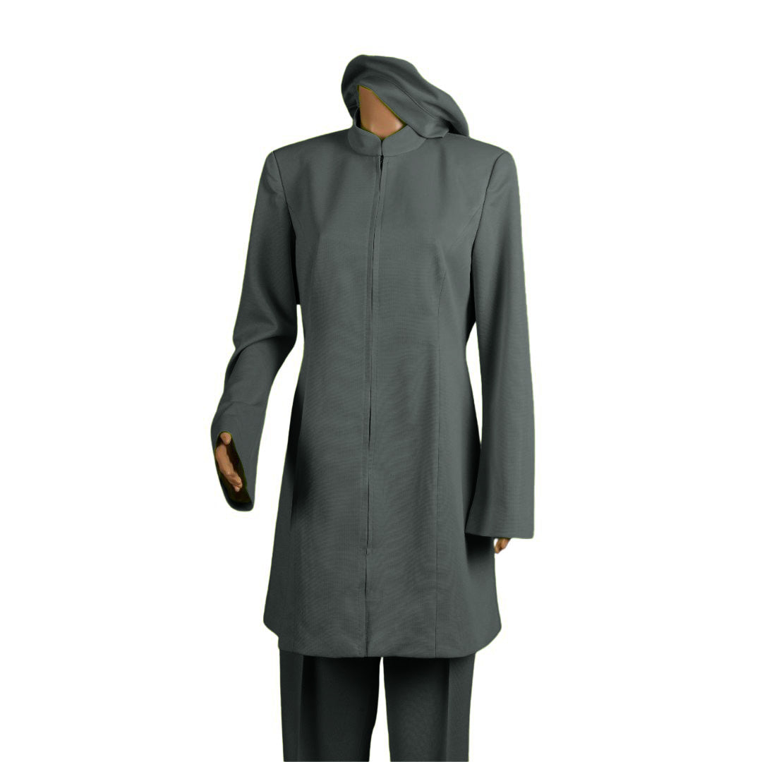 Whole body front view of the Sleek three-piece charcoal grove garment on a mannequin, designed for Muslim sisters in the Nation of Islam who value women's modest clothing.