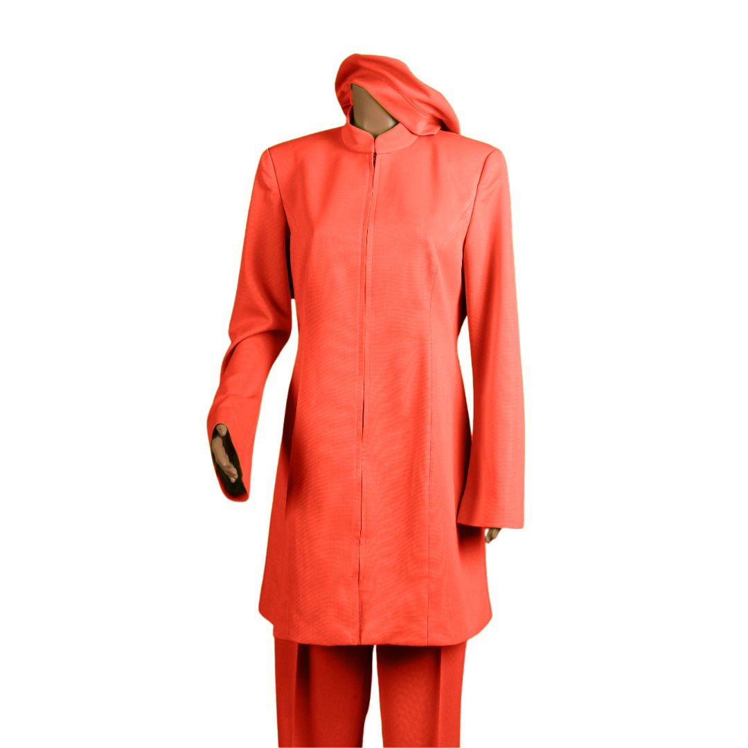 Whole body front view of the Sleek three-piece coral blaze garment on a mannequin, designed for Muslim sisters in the Nation of Islam who value women's modest clothing.