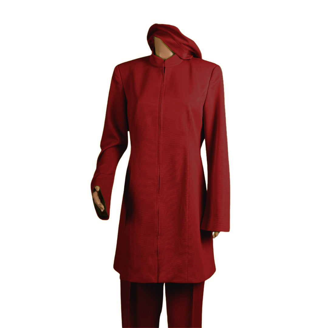 Whole body front view of the Sleek three-piece crimson embrace garment on a mannequin, designed for Muslim sisters in the Nation of Islam who value women's modest clothing.