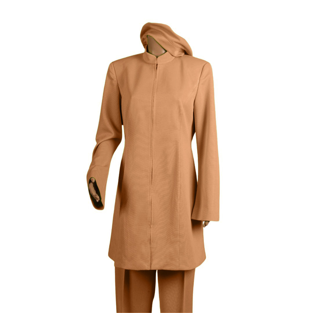 Whole body front view of the Sleek three-piece desert peach garment on a mannequin, designed for Muslim sisters in the Nation of Islam who value women's modest clothing.