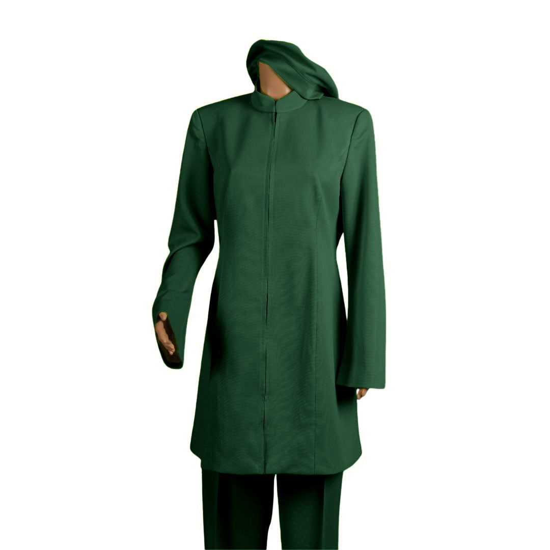 Whole body front view of the Sleek three-piece evergreen essence garment on a mannequin, designed for Muslim sisters in the Nation of Islam who value women's modest clothing.