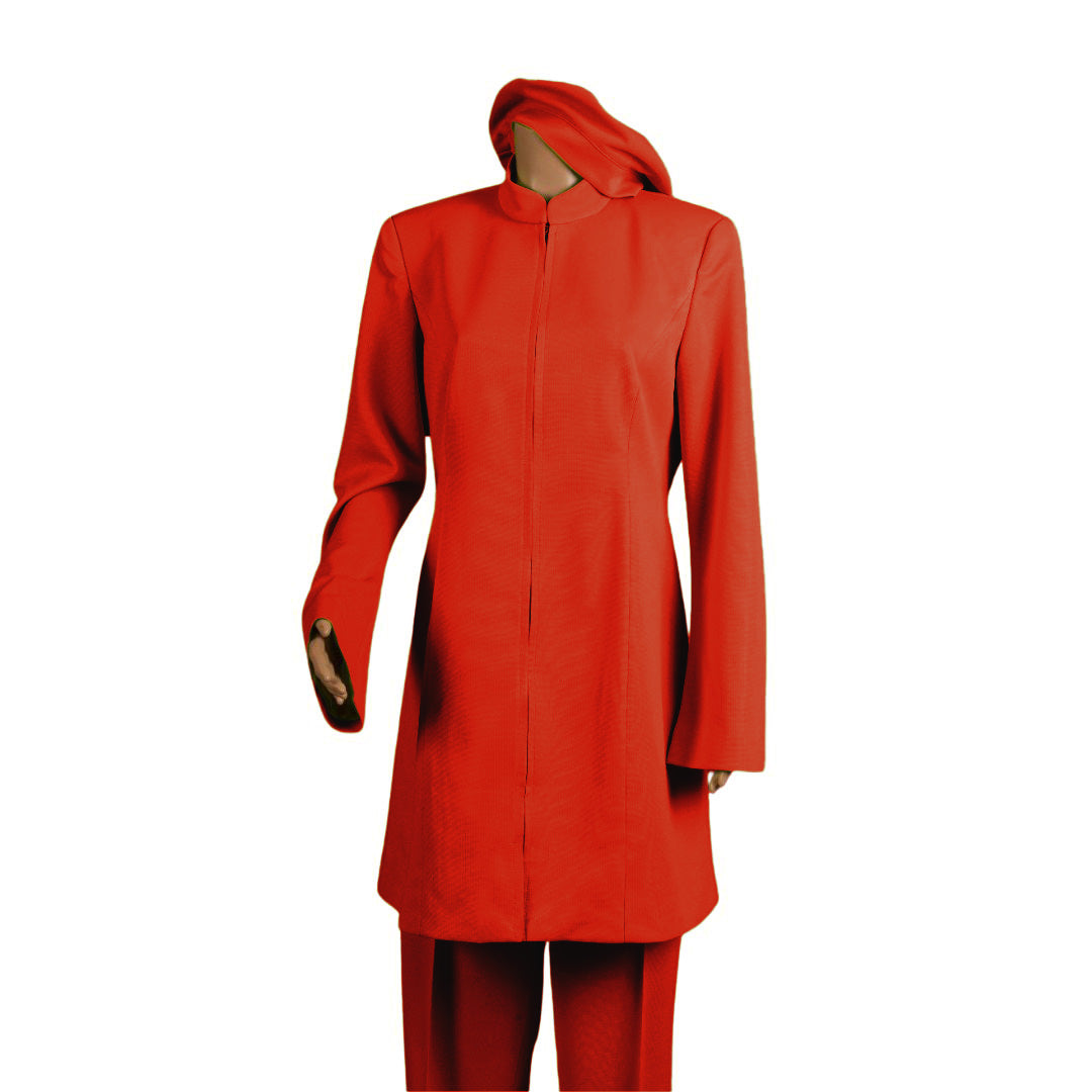 Whole body front view of the Sleek three-piece fiery coral garment on a mannequin, designed for Muslim sisters in the Nation of Islam who value women's modest clothing.