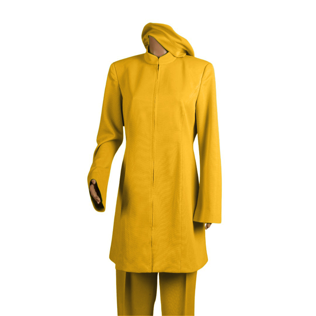 Whole body front view of the Sleek three-piece golden glow garment on a mannequin, designed for Muslim sisters in the Nation of Islam who value women's modest clothing.