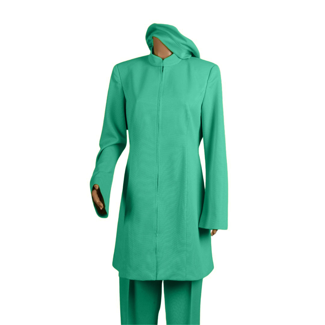 Whole body front view of the Sleek three-piece jade glow garment on a mannequin, designed for Muslim sisters in the Nation of Islam who value women's modest clothing.