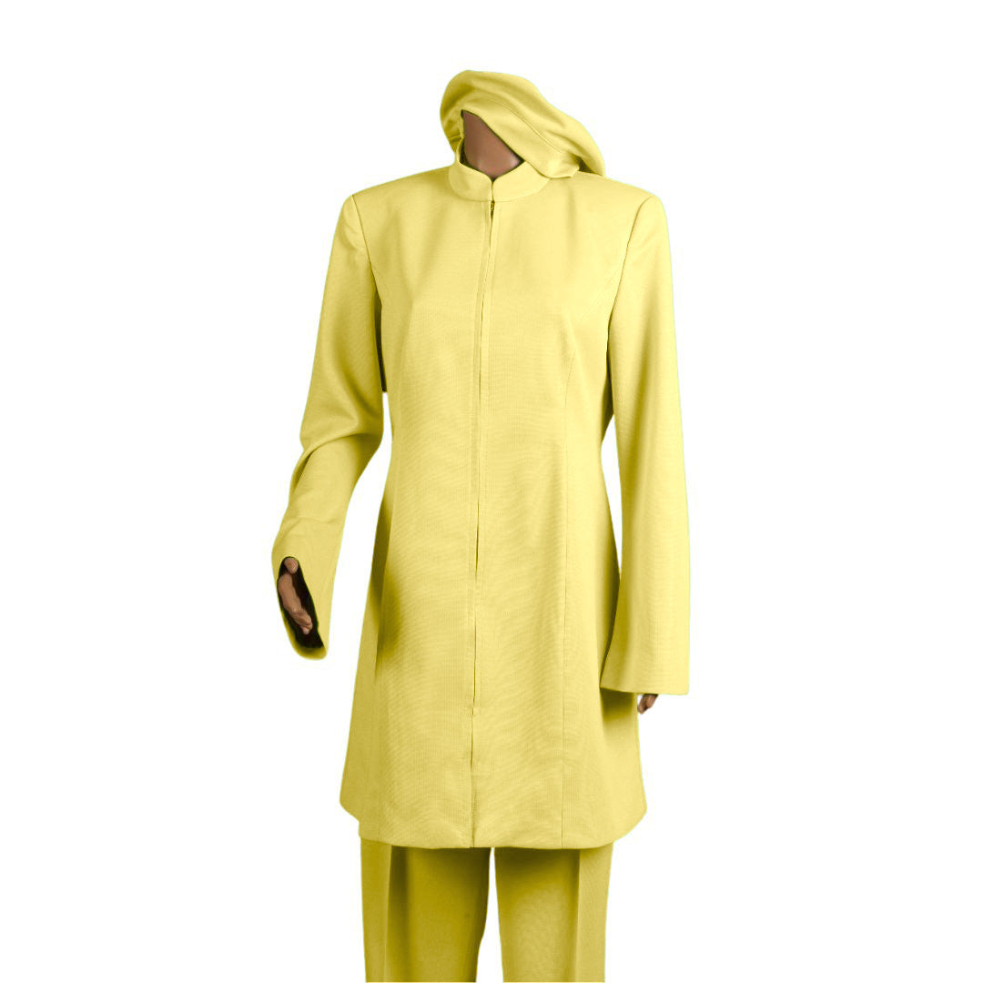 Whole body front view of the Sleek three-piece lemon zest garment on a mannequin, designed for Muslim sisters in the Nation of Islam who value women's modest clothing.