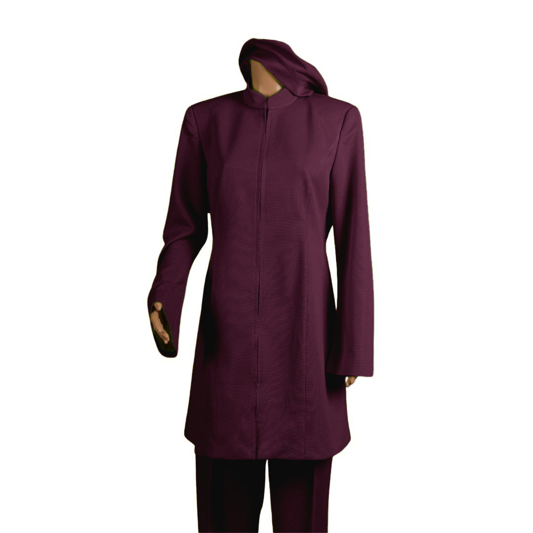 Whole body front view of the Sleek three-piece mystic berry garment on a mannequin, designed for Muslim sisters in the Nation of Islam who value women's modest clothing.