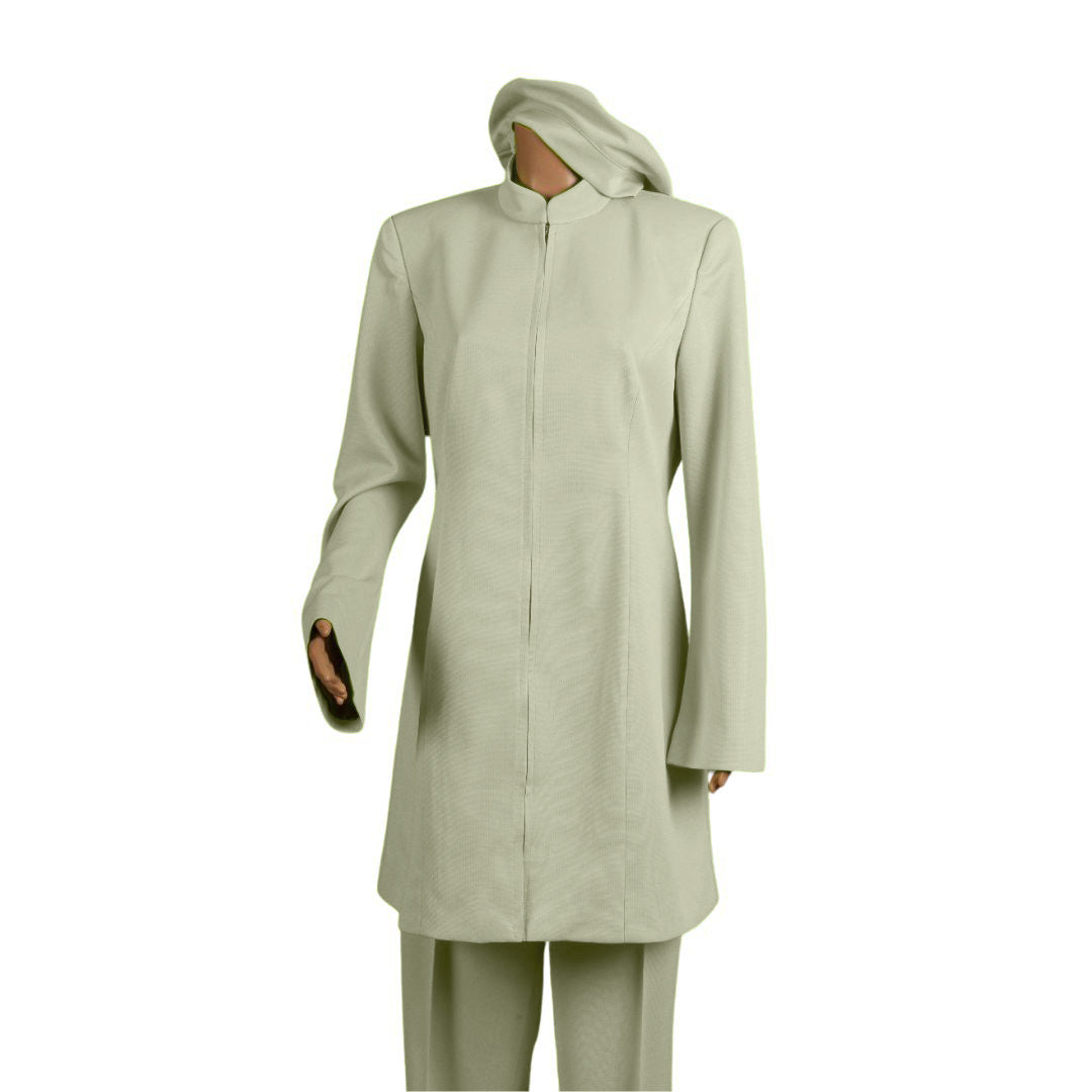 Whole body front view of the Sleek three-piece pearl whisper garment on a mannequin, designed for Muslim sisters in the Nation of Islam who value women's modest clothing.