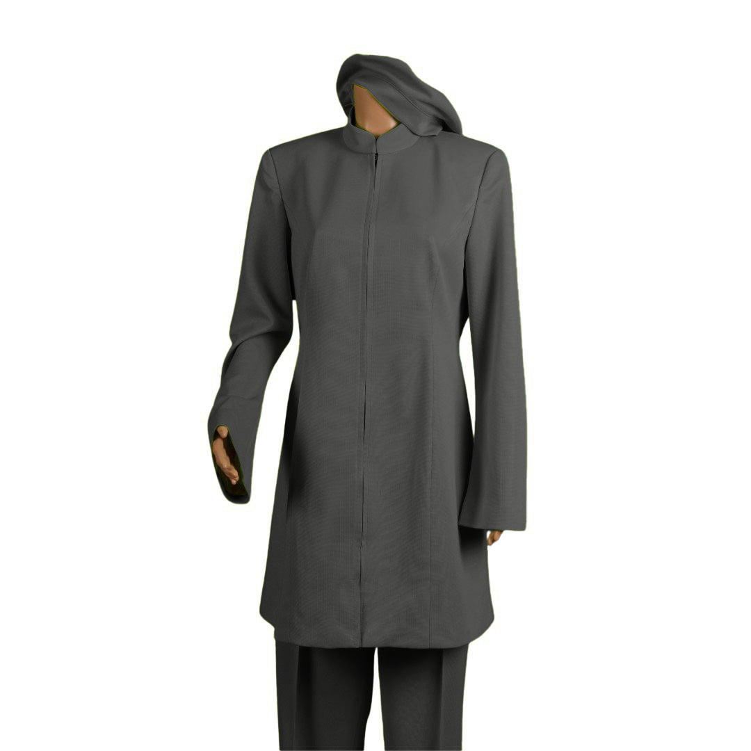 Whole body front view of the Sleek three-piece quiet shade garment on a mannequin, designed for Muslim sisters in the Nation of Islam who value women's modest clothing.