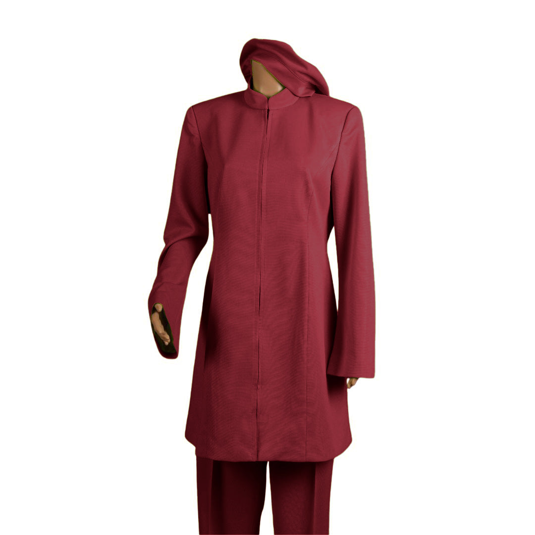 Whole body front view of the Sleek three-piece radiant ruby garment on a mannequin, designed for Muslim sisters in the Nation of Islam who value women's modest clothing.