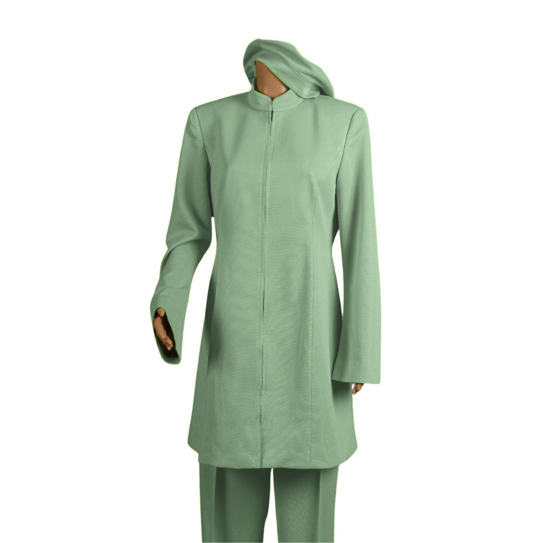 Whole body front view of the Sleek three-piece sage serenity garment on a mannequin, designed for Muslim sisters in the Nation of Islam who value women's modest clothing.