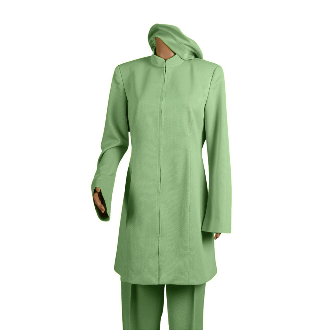 Whole body front view of the Sleek three-piece sage whisper garment on a mannequin, designed for Muslim sisters in the Nation of Islam who value women's modest clothing.