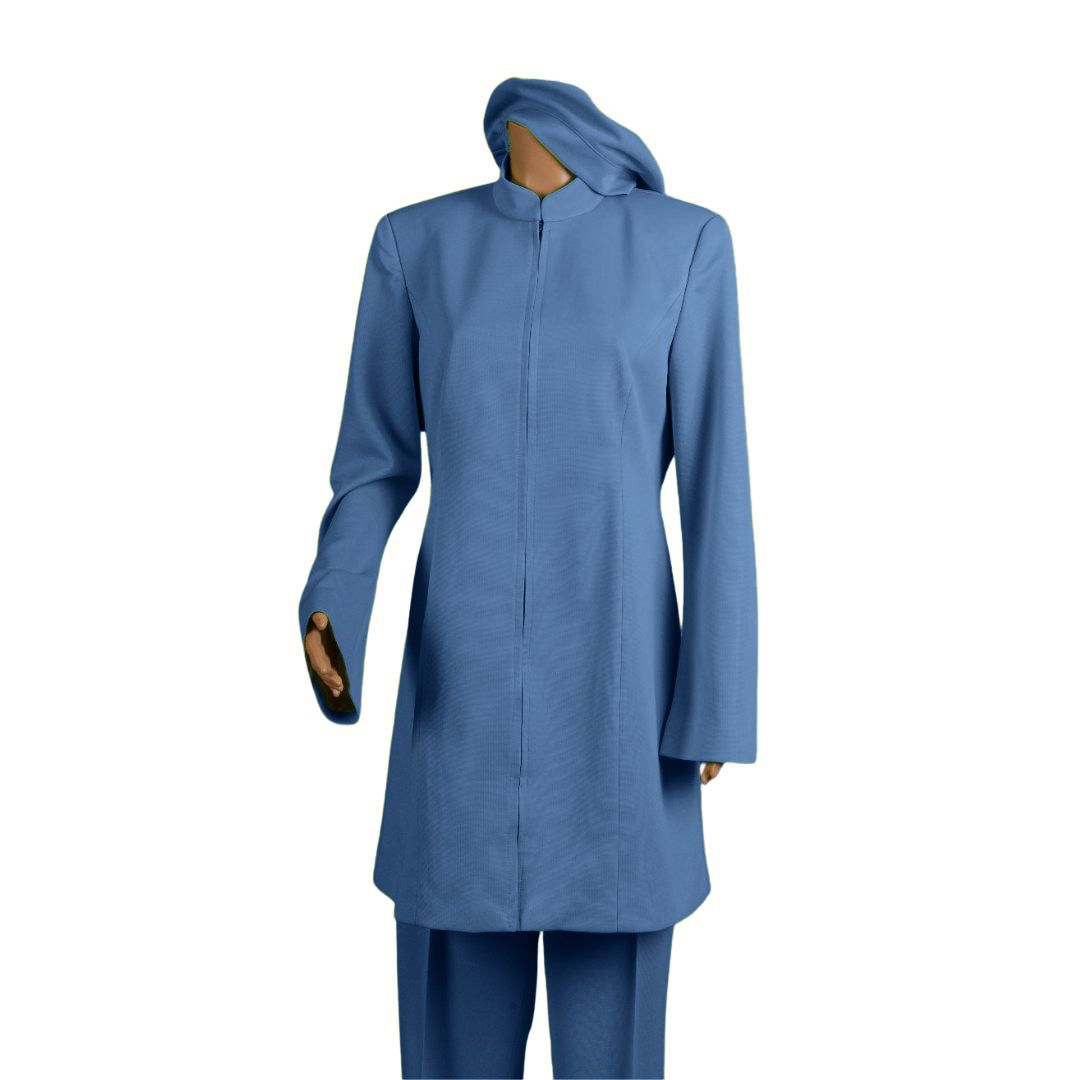 Whole body front view of the Sleek three-piece steel blue garment on a mannequin, designed for Muslim sisters in the Nation of Islam who value women's modest clothing.