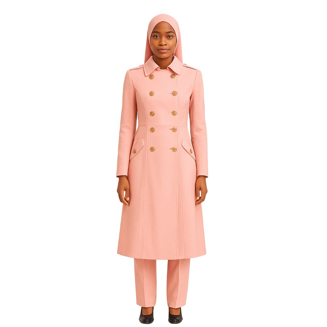Woman wearing a pink coat with gold buttons on a white background