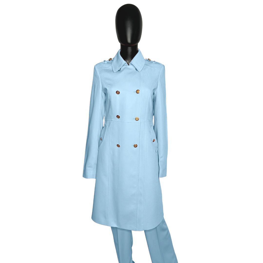 Whole body front view of the Warrior three-piece baby blue garment on a mannequin, designed for Muslim sisters in the Nation of Islam who value women's modest clothing.